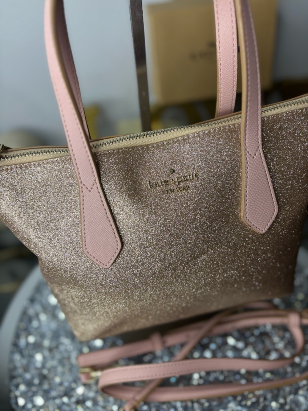 kate spade Rose Gold Glitter Shoulder Bag with Pink Trim - Picture 3 of 12